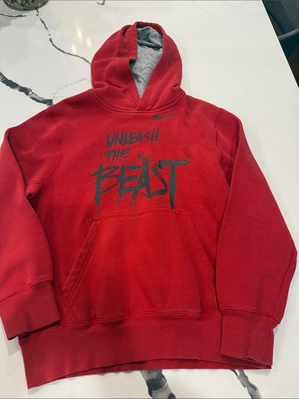 Nike Kids Medium Red Hoodie with Gray Lined Hood and 'Unleash The Beast' Graphic